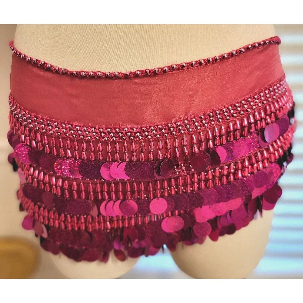 Belly Dance Paillette Hip Scarf Burgundy Magenta Beaded Fringe Preowned Costume